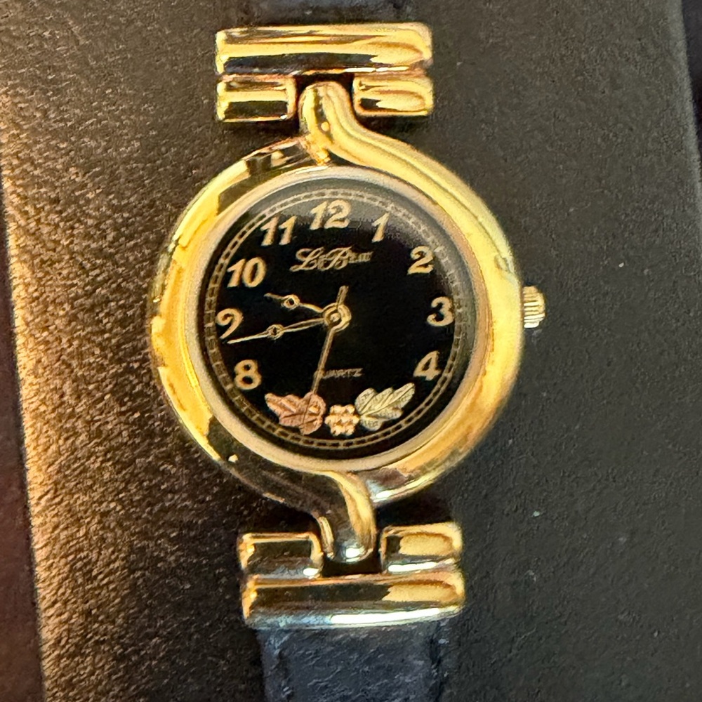LeBeau Black Hills Gold Round Watch with Black Leather Band